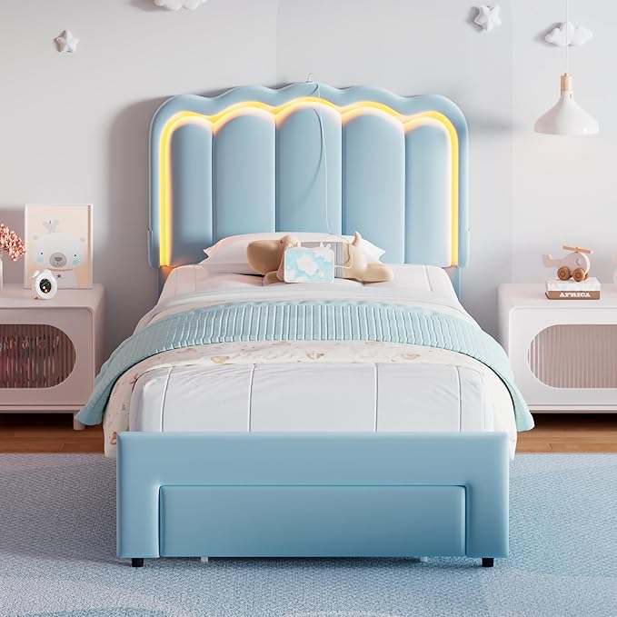 Twin Upholstered LED Bed Frame with Storage Drawer and Adjustable Chic Double Wavy Headboard, Velvet Princess Platform Bed for Kids/Girls, Solid Wood Slats Support, No Box Spring Needed, Blue
