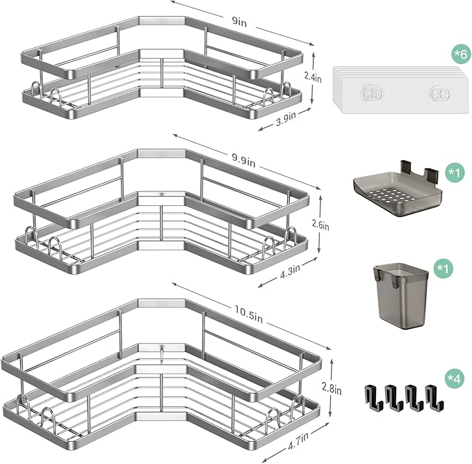 Corner Shower Caddy Bathroom Organizer: Adhesive Shower Rack Bathtub Shelves - 3Pack No Drilling Shower Shelf - Stainless Steel Rustproof Bath Tub Organizer