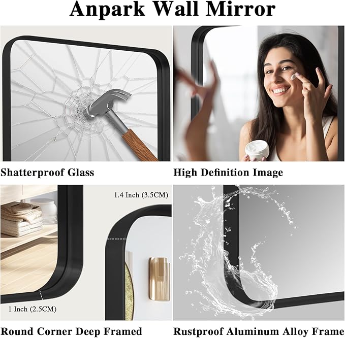 Wall Mirror 24" x 36" Black Metal Deep Frame for Bathroom, Living Room, Bedroom, Entryway - Decorative Rectangular Round Corner Mounted Vanity Mirror