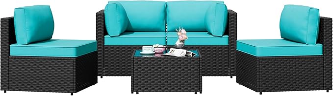Shintenchi 5 Pieces Outdoor Patio Sectional Sofa Couch, Black PE Wicker Furniture Sets, Patio Conversation Sets with Washable Cushions Glass Coffee Table for Garden, Poolside, Backyard,Blue