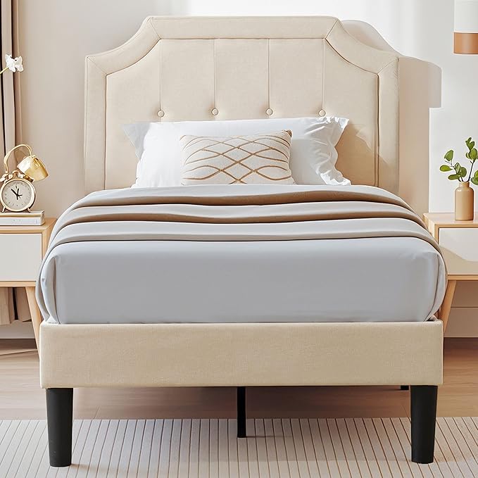 VECELO Twin Upholstered Platform Bed Frame with Adjustable Button Stitched Panel Headboard,Strong Wood Slat Support,Velcro Design,Mattress Foundation/Easy Assembly,Beige