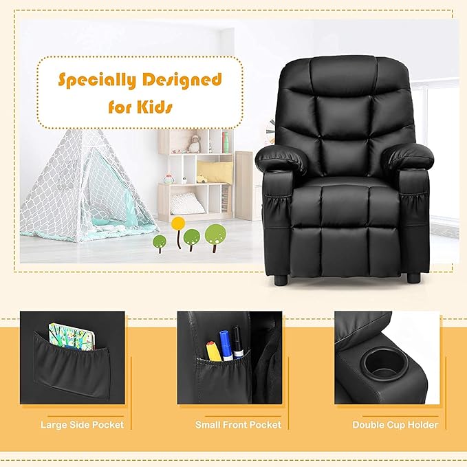 GLACER Kids Recliner Chair w/Cup Holder& Side Pockets, Children Recliner w/Comfortable Backrest, Armrests & Footrest, Toddler PU Leather Recliner for Boys Girls, 3+ Age Group, Black