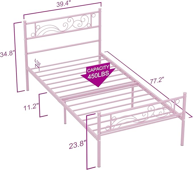 Weehom Metal Bed Frame Twin with Bed Storage,No Box Spring Needed,Heavy Duty Steel Slats Support for Boys Girls Teens Students Adults Pink