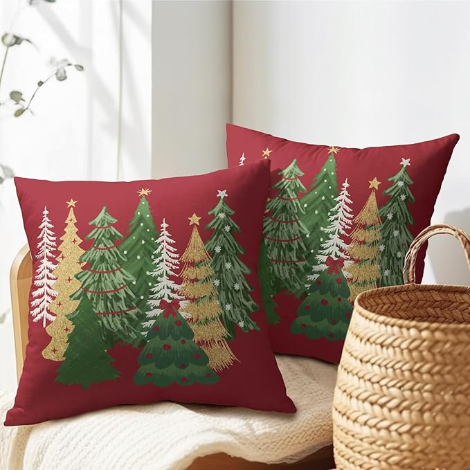 Kawani Christmas Red Decorative Pillow Covers 24x24 Inch Set of 2 Christmas Tree Outdoor Throw Pillow Covers Winter Xmas Holiday Pillowcases Cushion Covers for Home Couch Christmas Decor