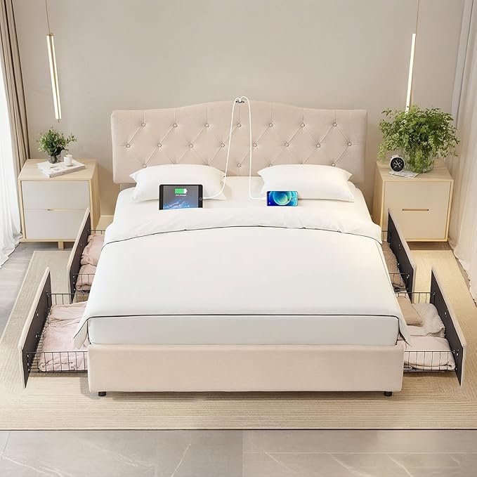 VECELO Queen Size Platform Bed Frame with 4 Storage Drawers,Fabric Upholstered Headboard and Wooden Slats Support,Built-in USB and Type C Ports, No Box Spring Needed,Easy Assembly