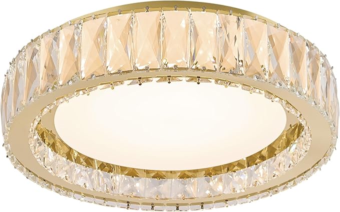 15 Inch Gold Modern Crystal Flush Mount Chandelier,Large Dimmable LED 5CCT 3000K-6000K 36W Round Close to Ceiling Lighting Fixtures for Dining Room,Kitchen,Living Room,Bedroom