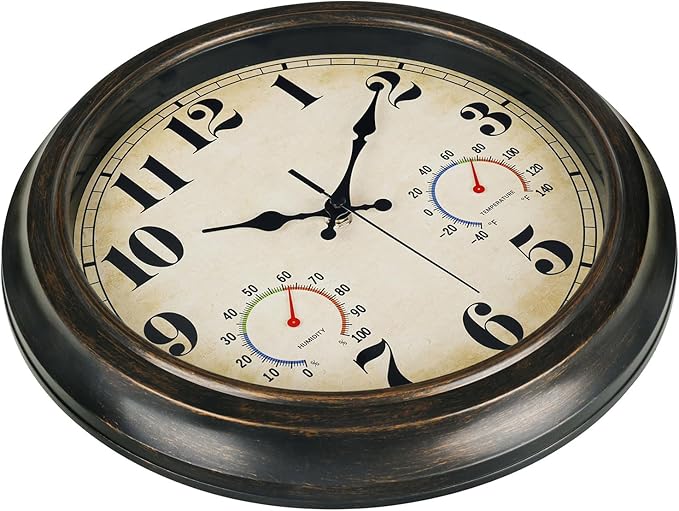 zyzamay 13 Inch Outdoor Clock with Thermometer and Hygrometer, Waterproof and Silent, Large Easy-to-Read Numbers, Ideal for Bedroom,Office,Living Room,Porch,Garden,Pool(BlackGold)