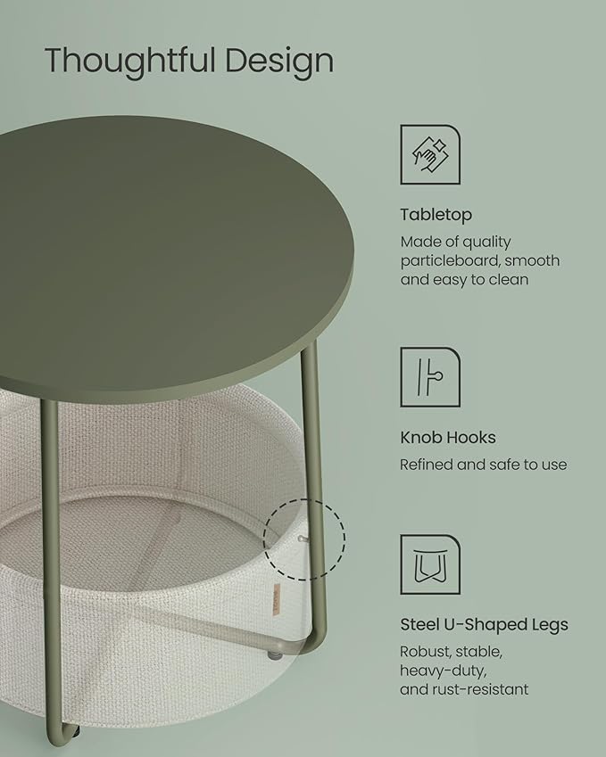 VASAGLE Small Round Side End Table, Modern Nightstand with Fabric Basket, Forest Green and Cream White ULET223C80