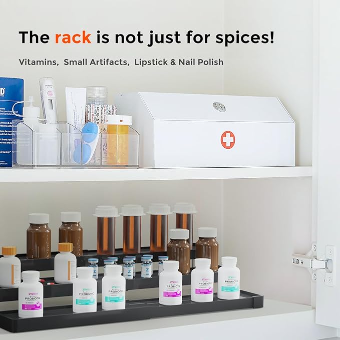 2 Pack Expandable Spice Rack Organizer for Cabinet - 3 Tier Adjustable Cabinet Spice Organizer Easy Visibility - Spice Organizer for Cabinet Countertop Cupboard Pantry Organization (Black)