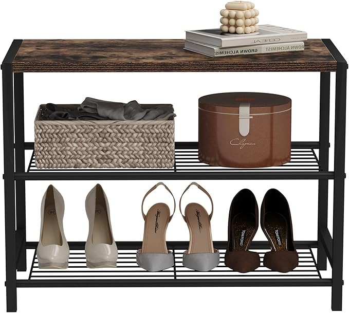 HOMEFORT 3-Tier Shoe Rack, Shoe Storage Shelf, Industrial Shoe Tower, Narrow Shoe Organizer for Closet Entryway, Small Shoe Rack Table with Durable Metal Shelves, Rustic Brown