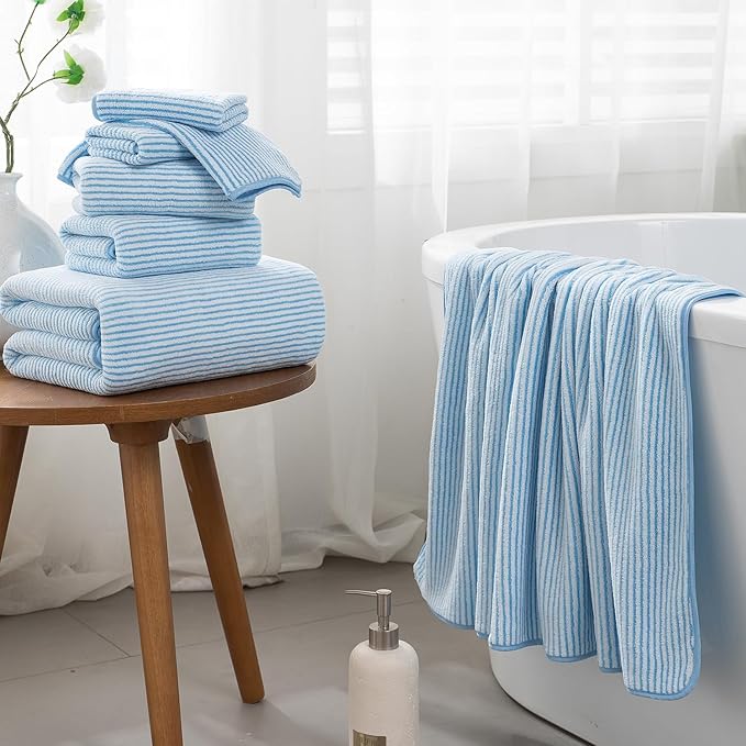 8-Piece Premium Towel Set for Bathroom|2 Oversized Large Bath Sheet,2 Hand Towels,4 Washcloths|Soft Cozy Highly Absorbent Fast Dry Microfiber Shower Towel Set for Hotel Bathroom Essentials,Blue White