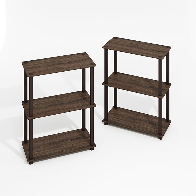 Furinno Turn-S-Tube 3-Tier Compact Multipurpose Shelf Display Rack with Square Tube, Black Walnut/Brown, Set of 2