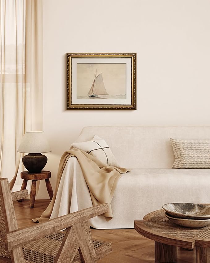 VIYYIEA Gold Framed Wall Art Canvas Print Home Decor for Living Room White Sailboat Seascape Watercolor Vintage Beach Painting on Canvas - Coastal Wall Art Prints for Bedroom Office Bathroom 13x16in