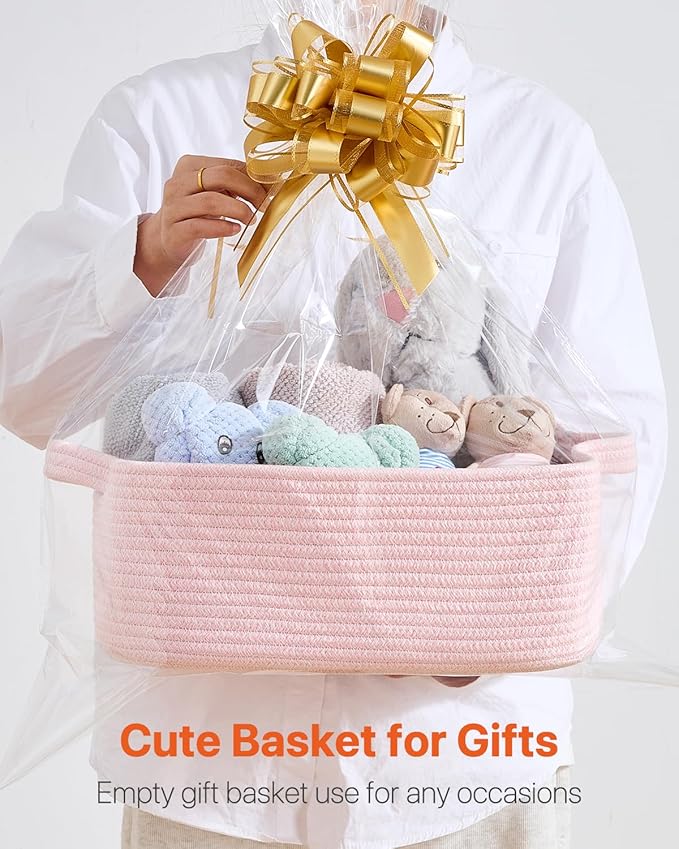 KALLAX Small Woven Basket, 14 x 10 x 5.6 Inches, Small Storage Baskets for Organizing, Gift Baskets Empty, Cute Rope Shelf Closet Storage Bins for Shelves, Dog Toy Basket, Light Pink