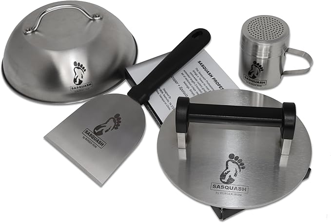 The Sasquash - Bigfoot Burger Smasher - Professional Grade Burger Press - Monster 8" Wide 3+ Pound Welded Stainless Steel Smashed Burger Grill Tool, Blackstone Griddle Steak Weight and Flat Top Press