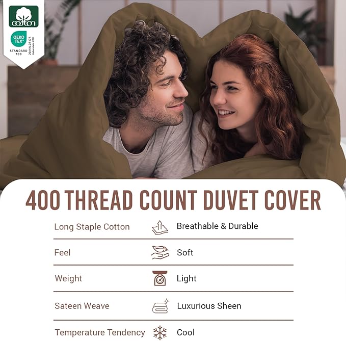 Pizuna Pure 100% Cotton Twin Duvet Cover Set, Luxurious 400 Thread Count Long Staple Cotton Sateen Weave with Button Closure (Combed Woody Brown Cotton Duvet Cover Twin)