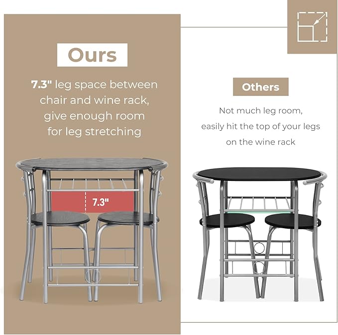 VINGLI 3 Piece Dining Set,Small Kitchen Table Set for 2,Breakfast Table Set,Kitchen Wooden Table and 2 Chairs for Small Space/Dining Room/Apartment,Metal Frame,Wine Rack,Sliver&Black