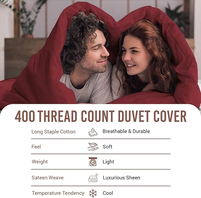 Pizuna Pure 100% Cotton King Duvet Cover Set, Luxurious 400 Thread Count Long Staple Cotton Sateen Weave with Button Closure (Combed Rio Red Cotton Duvet Cover King)