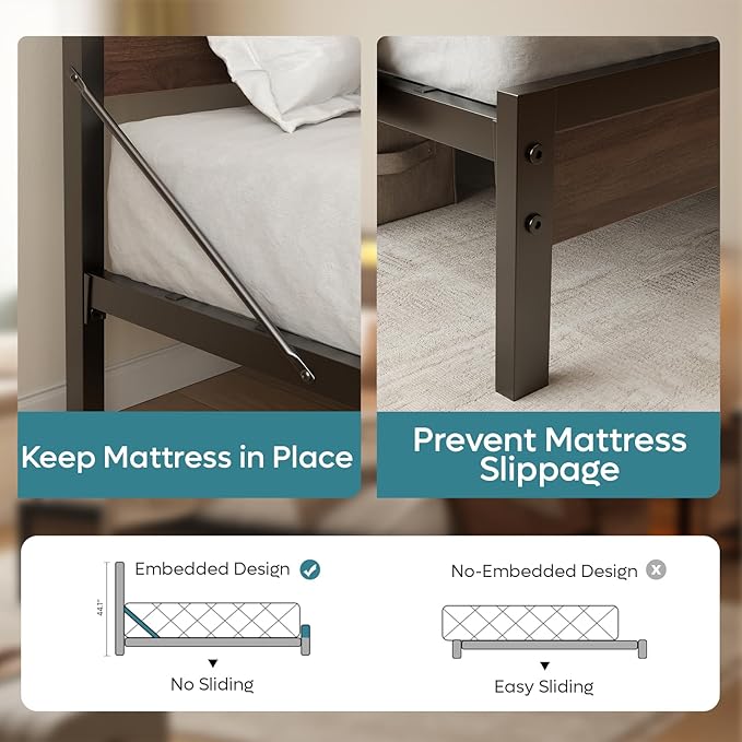 Bestier Queen Bed Frame with Storage Headboard and Charging Station, Walnut Platform Bed Frame with LED Light, Non-Slip Metal Bed Frame, Noise-Free, Easy Assembly,Walnut