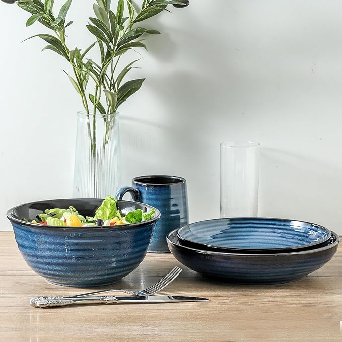 Ceramic Mixing Bowls,Large Serving Bowls 2.1/1.5/1.0 Qt,Salad Bowls Set of 3 for Kitchen Space Saving Storage,Nesting Bowls for Popcorn,Soup,Fruit, Microwave & Dishwasher Safe,Navy Blue