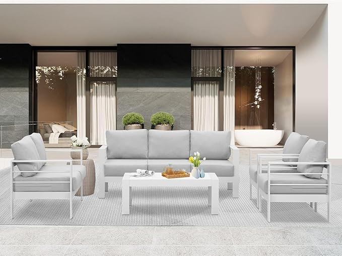 Wisteria Lane Aluminum Outdoor Patio Furniture Set, 7 Seats Modern Patio Conversation Sets, Outdoor Sectional Metal Sofa with 5 Inch Cushion and Coffee Table for Balcony, Garden, Light Grey