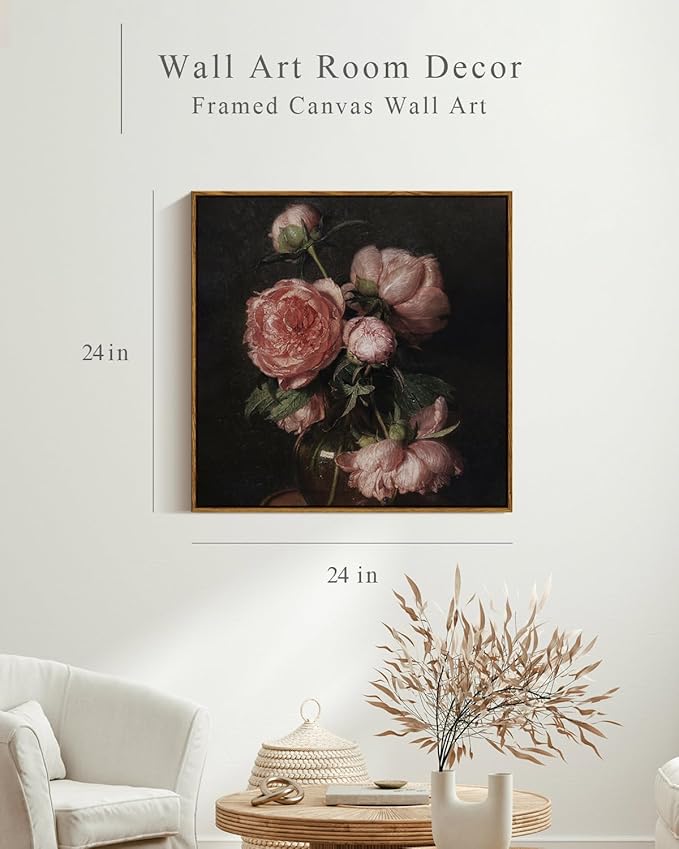 InSimSea Square Framed Canvas Wall Art, Large Decor Vintage Peony Flower Paintings, Floral Wall Pictures for Bedroom Bathroom Living Room, Canvas Prints Artwork, Farmhouse Decor 24"x24"