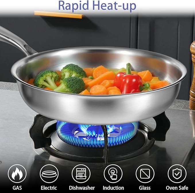 Tri-Ply Stainless Steel Frying Pan Set, 10 Inch and 11Inch, Induction Ready Egg Pan Stainless Cooking Pans with Lid, Dishwasher Safe, Oven Safe