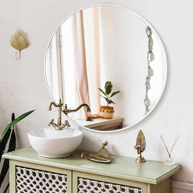 White Round Mirror 24 Inch,Circle Bathroom Vanity Mirror for Wall,Hanging Modern Tempered Glass Mirror for Entryway or Living Room