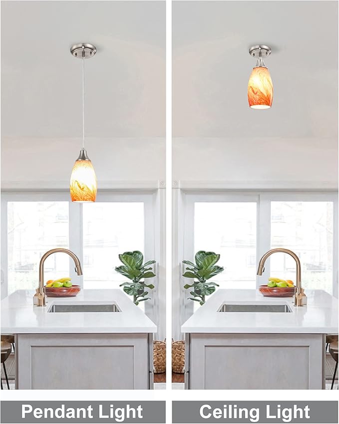 Art Glass Mini Pendant Lights Kitchen Island Marble Glass Pendant Light Shade with Brushed Nickel Finish Ceiling Hanging Lights for Kitchen Over Sink,Dining/Living Room Red Marble-1Pack