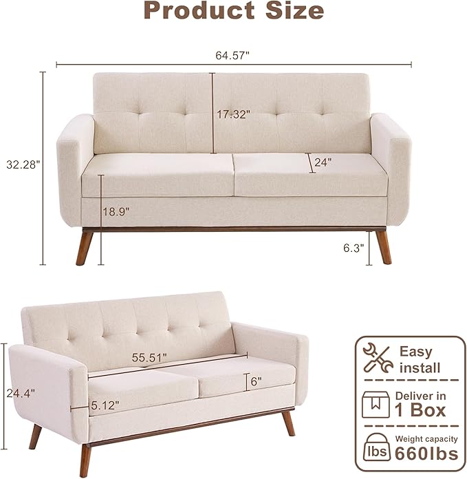 Kingfun 65" W Loveseat Sofa, Mid Century Modern Decor Love Seat Couches for Living Room, Button Tufted Upholstered Furniture, Solid & Easy to Install Small Couch for Bedroom Office Apartment,Oatmeal