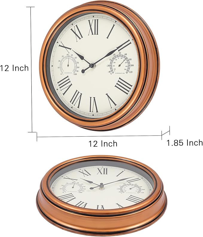 12 inch Outdoor Wall Clock, Plastic Waterproof Wall Clock with Temperature & Humidity for Patio Garden Home