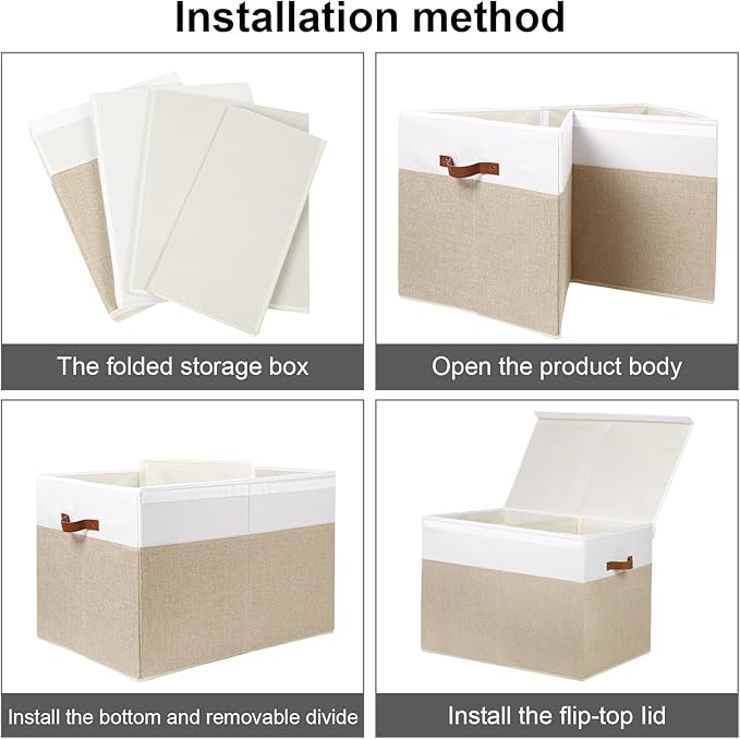 Large Toy Storage Box with Lid, Sturdy Toys Storage Chest Bin Organizer Basket with Dividers for Kids, Boys, Girls, Nursery, Closet, Bedroom, Playroom 26"x17" x17" (Beige and White)