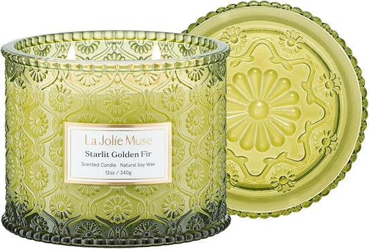 LA JOLIE MUSE Fir & Cedarwood Candle, Christmas Candles for Home Scented, Large 2-Wick Soy Candles, Luxury Jar Candle Gifts for Women & Men, 60 Hours Long Burning, Starlit Golden Fir, 12oz