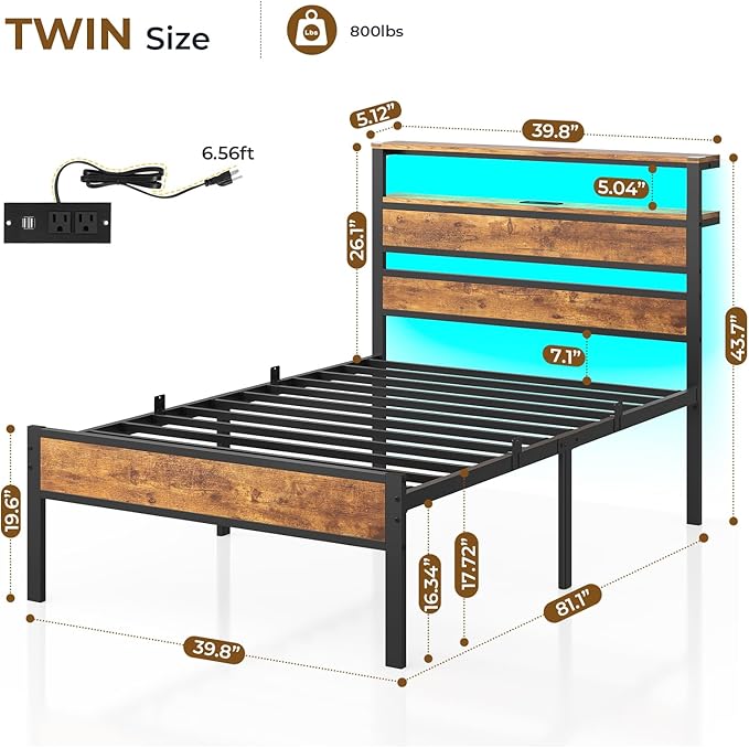 Hasuit Twin Bed Frame with Headboard LED Lights, Twin Size Bed with Charging Station 2-Tier Storage Shelves, Metal Platform Bed with Heavy Duty Slat, Fast Assembly, No Box Spring Needed, Noise Free