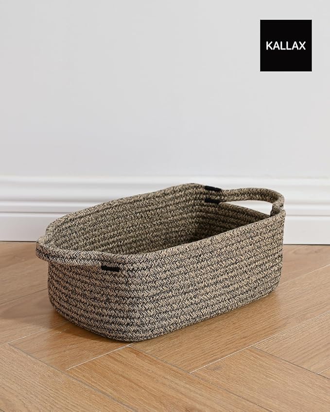 KALLAX Small Woven Basket, 12 x 8 x 4.5 Inches, Small Storage Baskets for Organizing, Gift Baskets Empty, Cute Rope Shelf Closet Storage Bins for Shelves, Dog Toy Basket, 3 Packs, Black & Brown Mixed