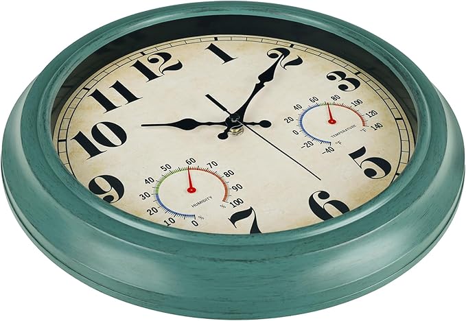 zyzamay 13 Inch Outdoor Clock with Thermometer and Hygrometer, Waterproof and Silent, Large Easy-to-Read Numbers, Ideal for Bedroom,Office,Living Room,Porch,Garden,Pool(Green)
