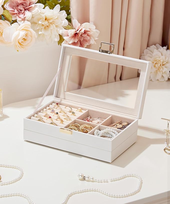 Homde Jewelry Tray Stackable Jewelry Box with Glass Lid, Removable Dividers for Vanity Table Gift Idea for Girls and Women (White)