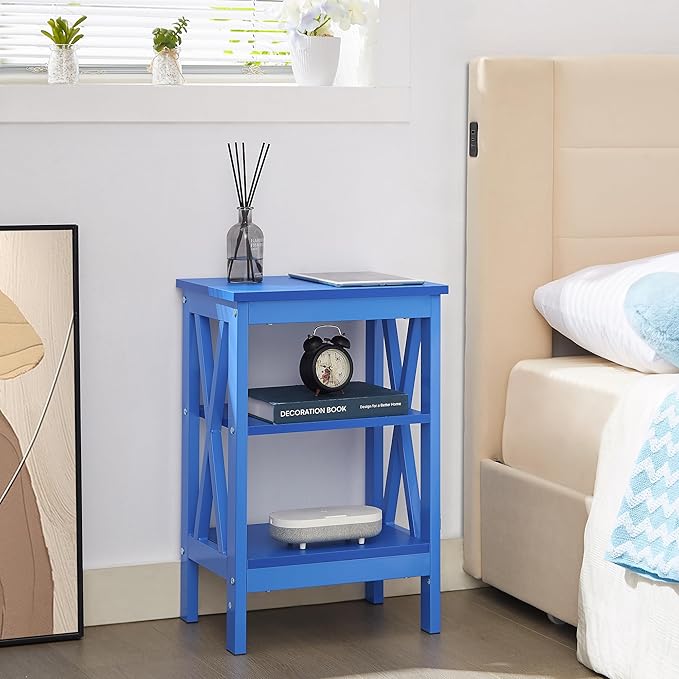 VECELO End Table, Bedside Table, 24" Tall Living Room End Tables, X-Design Reinforced Nightstands, Side Table with 3-Tier Storage Shelves for Small Spaces, Office, Bathroom, Bedroom, Dark Blue