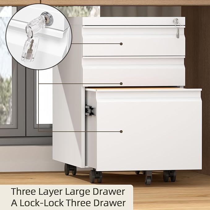 Filing Cabinets, Mobile File Cabinet with Lock for Home Office, 3 Drawer Filing Cabinet for A4/Letter/Legal Size Folder, Metal Vertical White Filing Cabnet on Wheels