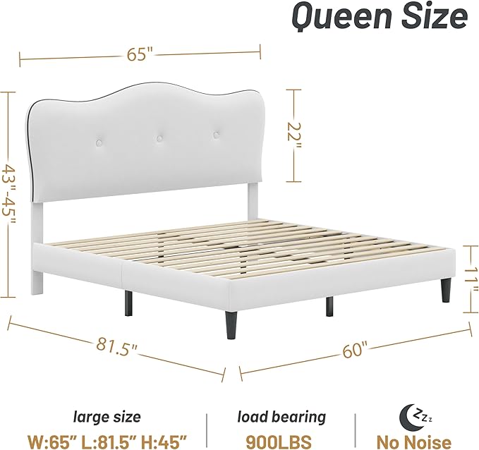 Queen Size Bed Frame, Upholstered Bed Frame with Headboard, Platform Bed Frame with Wood Slats Support, No Box Spring Needed, Adjustable Height Headboard, White