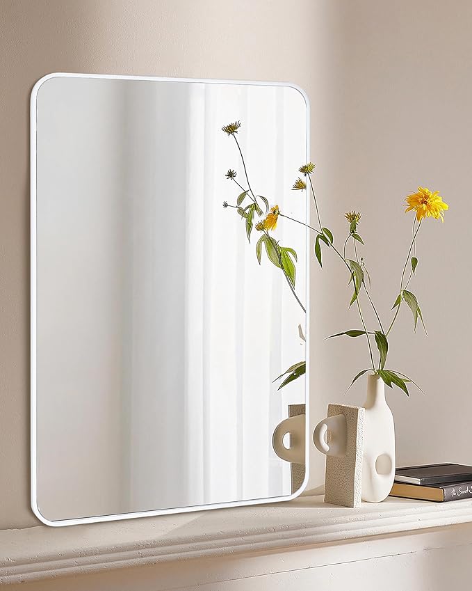White Bathroom Mirror,24 x 36 Inch Rectangle Wall Mirror with Wood Frame,Vanity Modern Tempered Glass Mirror for Bedroom,Entryway,Living Room