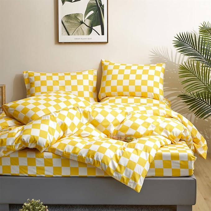 Yellow Checkered Comforter Set King - 3-Piece Bedding Set Lightweight All-Season Comforter with 2 Pillowcases Ultra Soft Microfiber Comforter