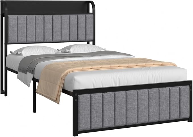 VECELO Twin Bed Frame with Headboard, Upholstered Platform Bedframe, Heavy Duty Metal Slats, No Box Spring Needed, Easy Assembly, Linen Grey