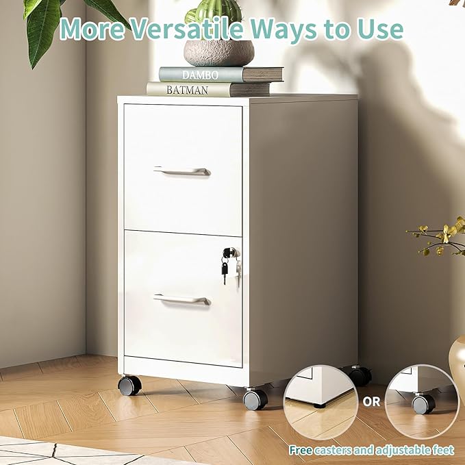 AQY 2 Drawer Mobile File Cabinet with Lock, Rolling Metal Filing Cabinets for Home Office, Vertical File Cabinet on Wheels, Small White File Storage Cabinets for Legal/Letter/A4 Files Assembly Require
