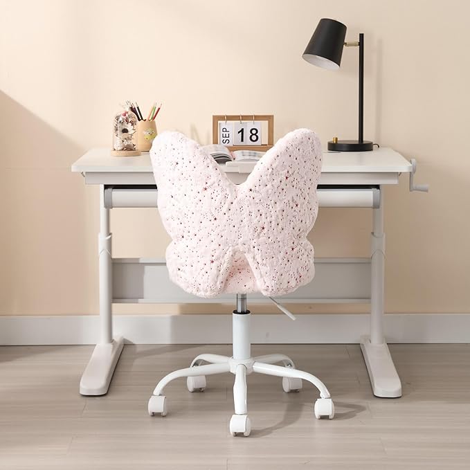 Butterfly Kids Desk Chair Girls Students Study Chair Adjustable Computer Chairs Furry Swivel Office Child Reading Chairs for Home/Bedroom/School/Dorm, Pink
