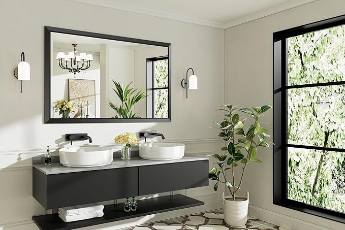 55x36 Inch Black Bathroom Mirror for Wall, Thick Metal Framed Rectangle Mirrors for Over Sink, Bedroom, Living Room, Entryway, Anti-Rust, HD Tempered Glass
