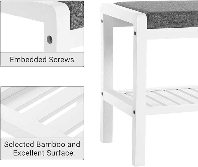 SONGMICS Shoe Rack Bench with Cushion Upholstered Padded Seat, Storage Shelf, Shoe Organizer, Holds Up to 350 lb, Ideal for Entryway Bedroom Living Room Hallway Garage Mud Room Gray and White ULBS65WN