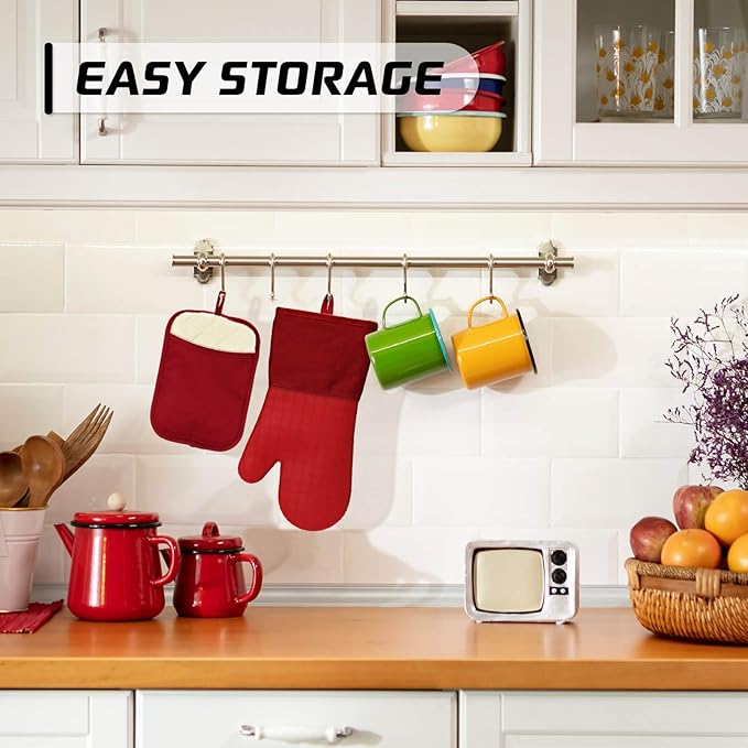 HOMWE Silicone Oven Mitts and Pot Holders for Kitchen & Baking - Set of 4 Heat-Resistant, Heavy-Duty Cooking Mittens w/Non-Slip, Textured Grip