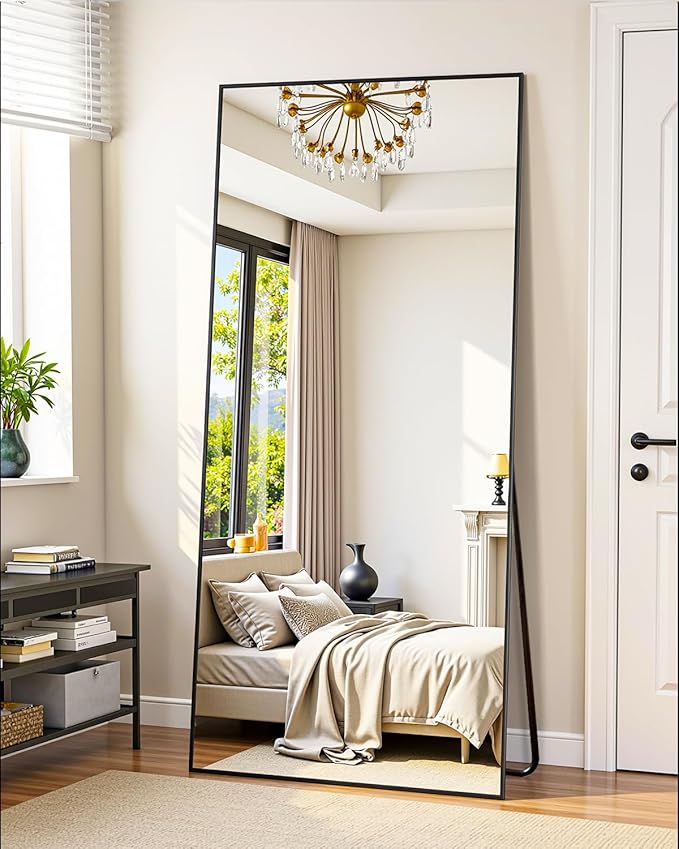 Suidia Full Length Mirror, 58"x18" Floor Standing Mirror Freestanding, Full Body Mirrors with Stand for Bedroom, Hanging Mounted for Living Room Cloakroom, Black, Rectangular Style