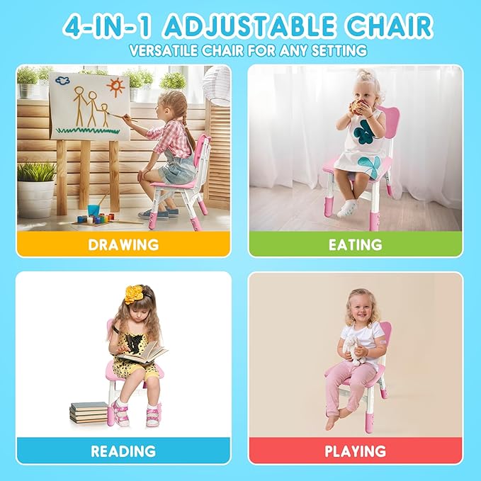 Kids Height Adjustable Toddler Chair Max Load 220LBS Plastic Indoor Outdoor for Children Age 1-6 School Home Daycare Use Pink